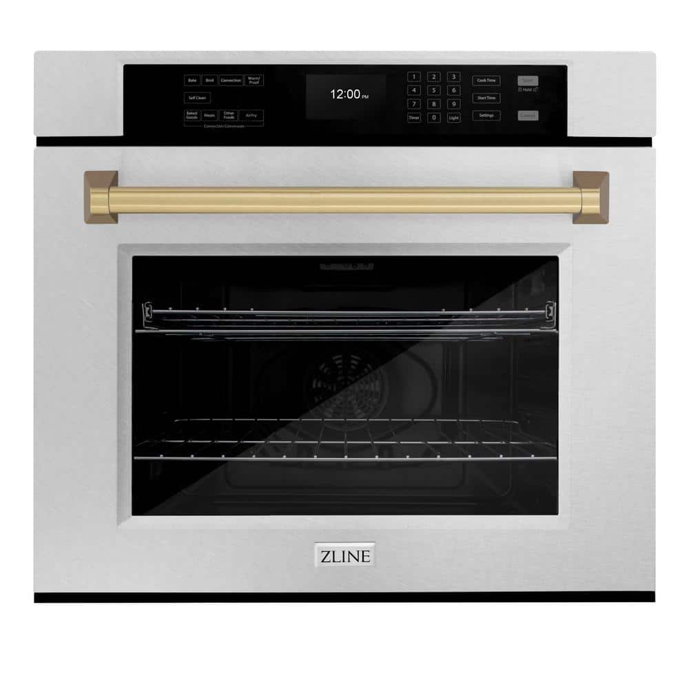 ZLINE Kitchen and Bath 30 in. Autograph True Convection Single Wall Oven with Air Fry and Self Clean in Satin Steel with Bronze Handle