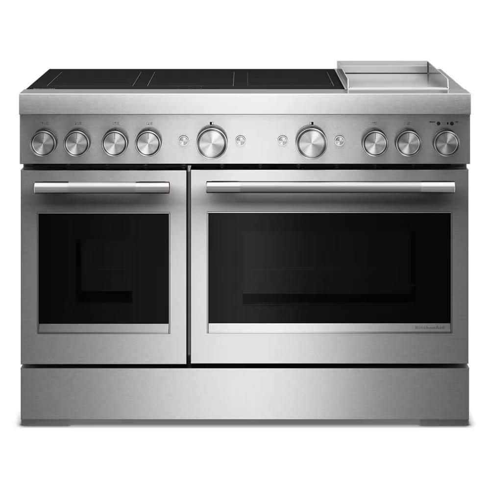 KitchenAid 48 in. 6 Burner Elements Freestanding Double Oven Induction Range in Stainless Steel with Griddle