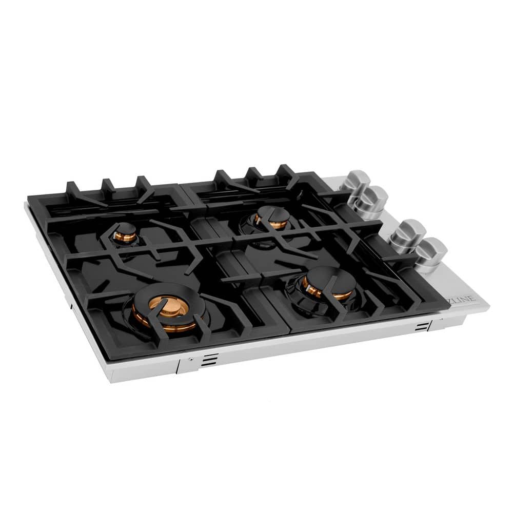 ZLINE Kitchen and Bath 30 in. 4 Burner Top Control Porcelain Gas Cooktop with Brass Burners in Stainless Steel