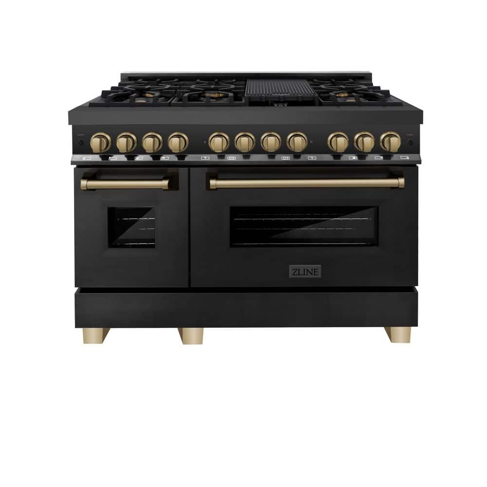 ZLINE Kitchen and Bath Autograph Edition 48 in. 7 Burner Double Oven Dual Fuel Range in Black Stainless Steel and Champagne Bronze