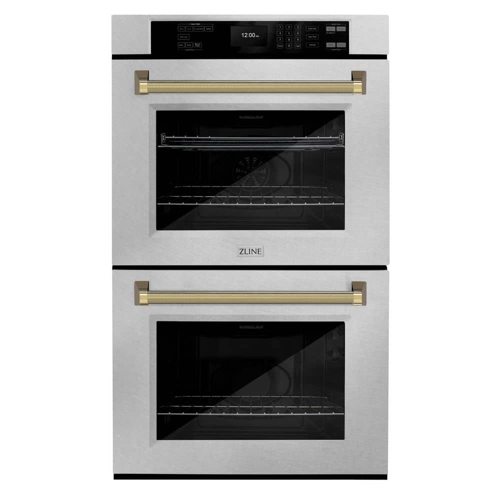 ZLINE Kitchen and Bath Autograph 30 in. True Convection Double Wall Oven with Air Fry in Satin Steel with Polished Gold Helix Handles