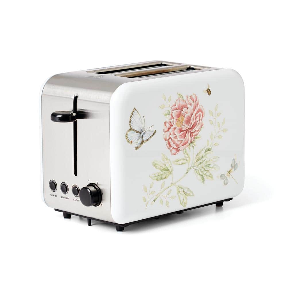 Lenox Butterfly Meadow 900-Watt White and Stainless Steel Toaster with Browing Control