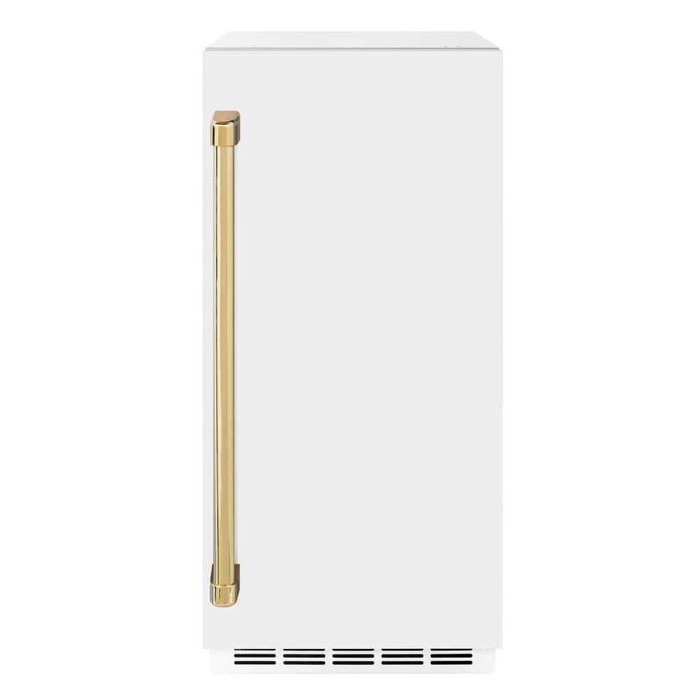 ZLINE Kitchen and Bath Autograph Edition 15 in. Touchstone Gourmet Ice Maker with Drain Pump and White Matte Door with Polished Gold Handle