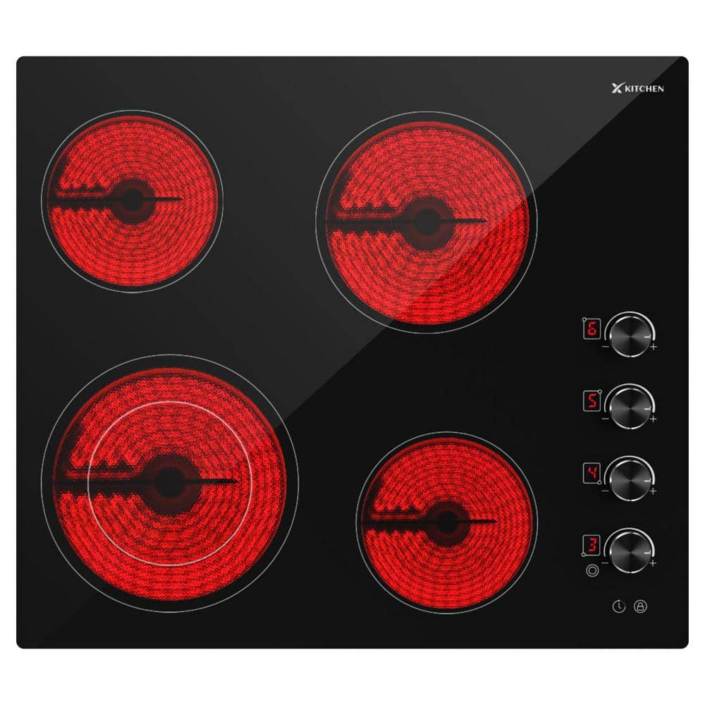 X KITCHEN 24 in. 4-Elements Ceramic Glass Surface Radiant Electric Cooktop in Black with Dual Element