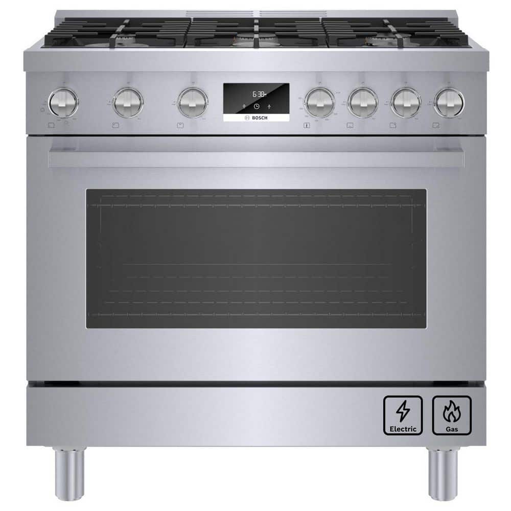 Bosch 800 Series 36 in. 3.7 cu. ft. Industrial Style Dual Fuel Range with 6-Burners in Stainless Steel