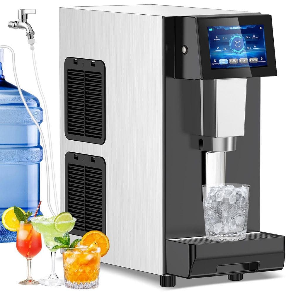 Hooure 11.1in.60 lb./Day Nugget Ice Cubes,Double-Inlet Countertop Ice Maker 2-in-1Ice Maker Water Dispenser in Stainless steel
