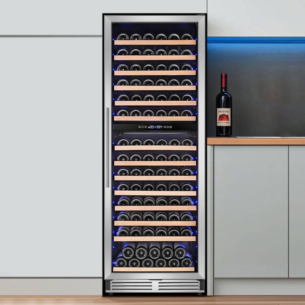 TITTLA 23.5 in. Dual Zone 165 Plus Bottle Built in Wine Cooler Cellar Cooling Unit w/14-Removable Shelves Wine Fridge in Silver