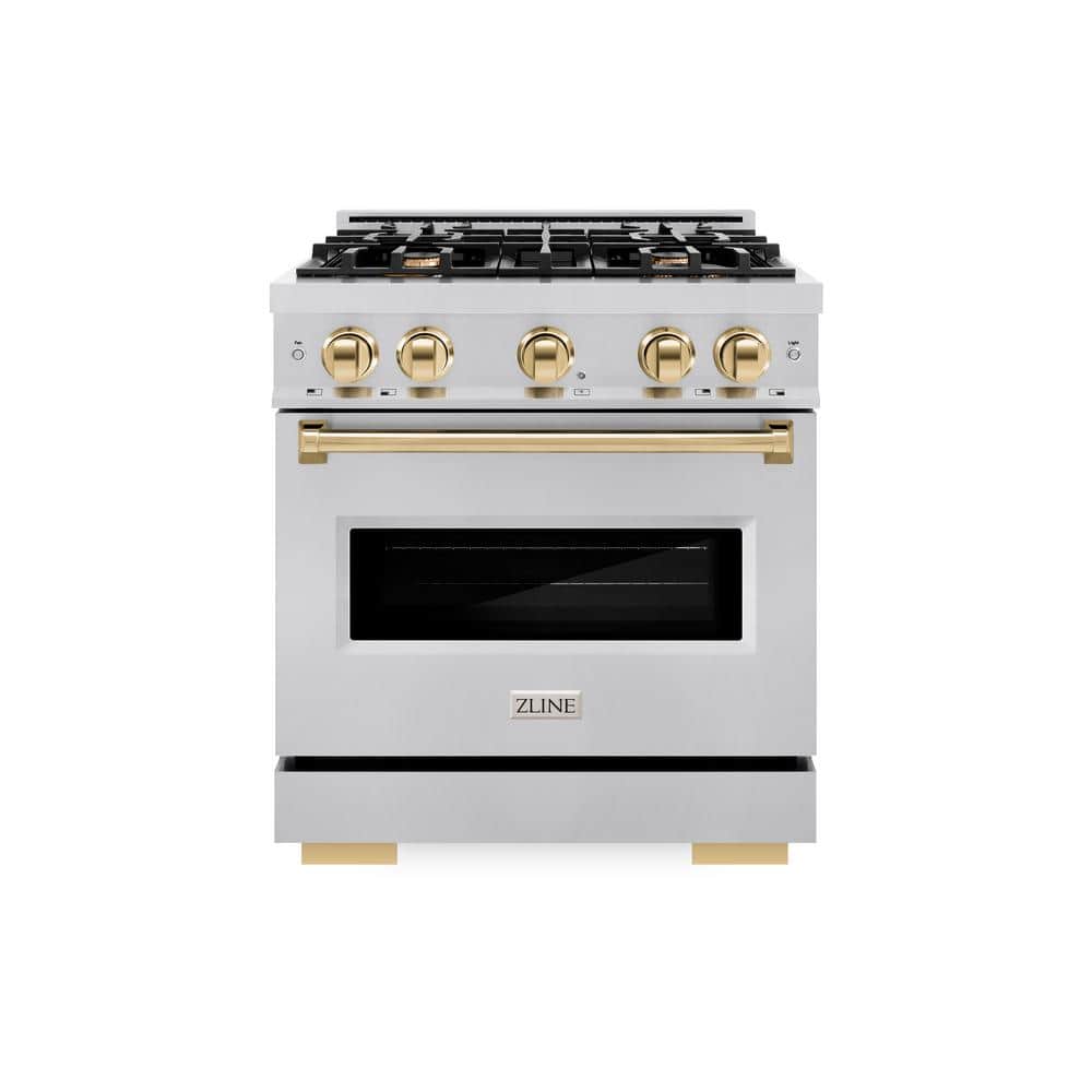 ZLINE Kitchen and Bath Classic 30 in. 4-Burner Dual Fuel Range with Convection Oven in Stainless Steel and Polished Gold