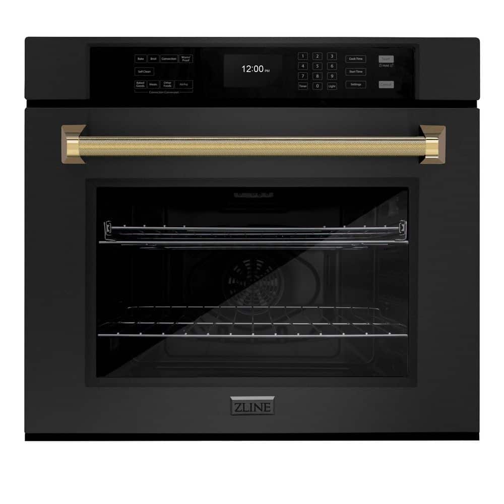 ZLINE Kitchen and Bath Autograph 30 in. True Convection Single Wall Oven with Air Fry in Black Steel with Polished Gold Helix Handle