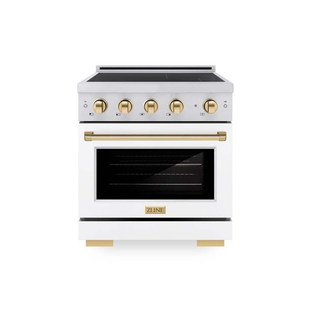 ZLINE Kitchen and Bath Autograph 30 in. 4.2 cu. ft. Induction Range with 4 Element Cooktop in Satin Stainless with White and Gold Accents