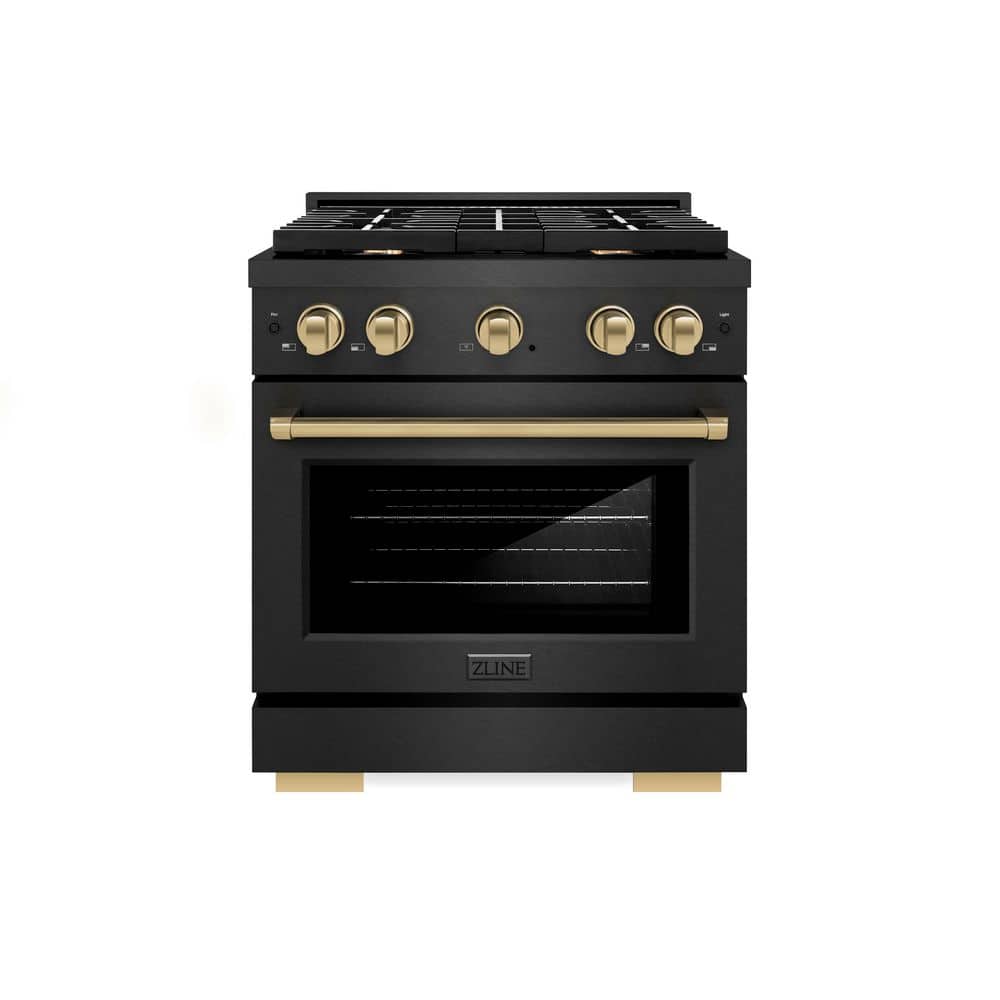 ZLINE Kitchen and Bath Autograph 30 in. 4.2 cu. ft. Paramount Dual Fuel Range with 4 Burner Gas Cooktop in Black Satin with Champagne Accents