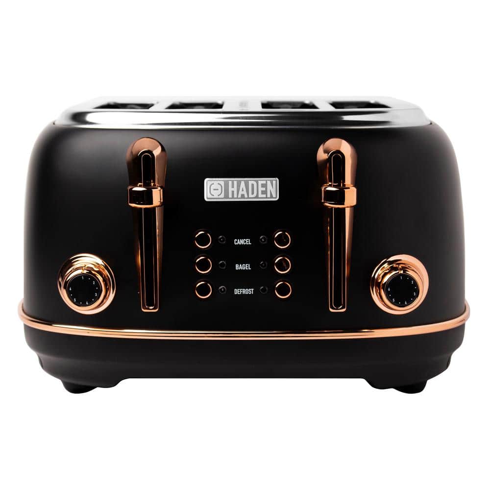 HADEN Heritage 1500-Watt 4-Slice Black and Copper Wide Slot Retro Toaster with Removable Crumb Tray and Browning Control