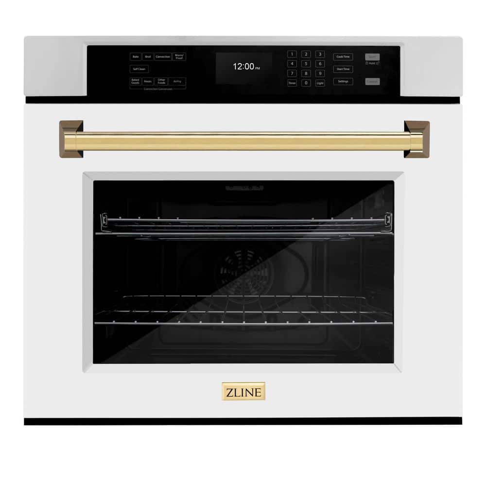 ZLINE Kitchen and Bath Autograph Edition 30 in. Electric Single Wall Oven in Stainless Steel with White Matte Door and Polished Gold Handle