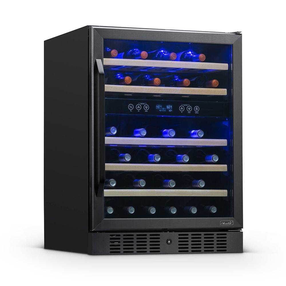 NewAir Dual Zone 24 in. 46-Bottle Built-In Wine Cooler Fridge with Quiet Operation & Beech Wood Shelves - Black Stainless Steel