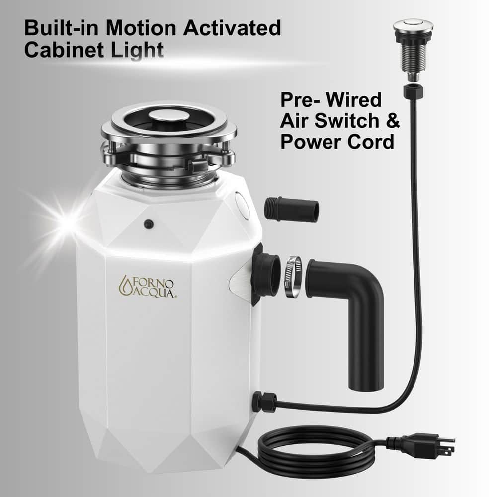 FORNO ACQUA Bright Diamond Corded Moonstone 1 HP Continuous Feed Super Quiet Garbage Disposal, Air Switch and LED Light