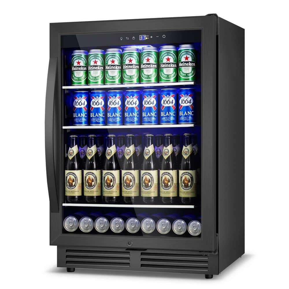 Tylza 23.5 in. Single Zone 235-Can Built-in Beverage Cooler in Black Mini Refrigerator 4.9 cu. ft. Auto Blue Lighting