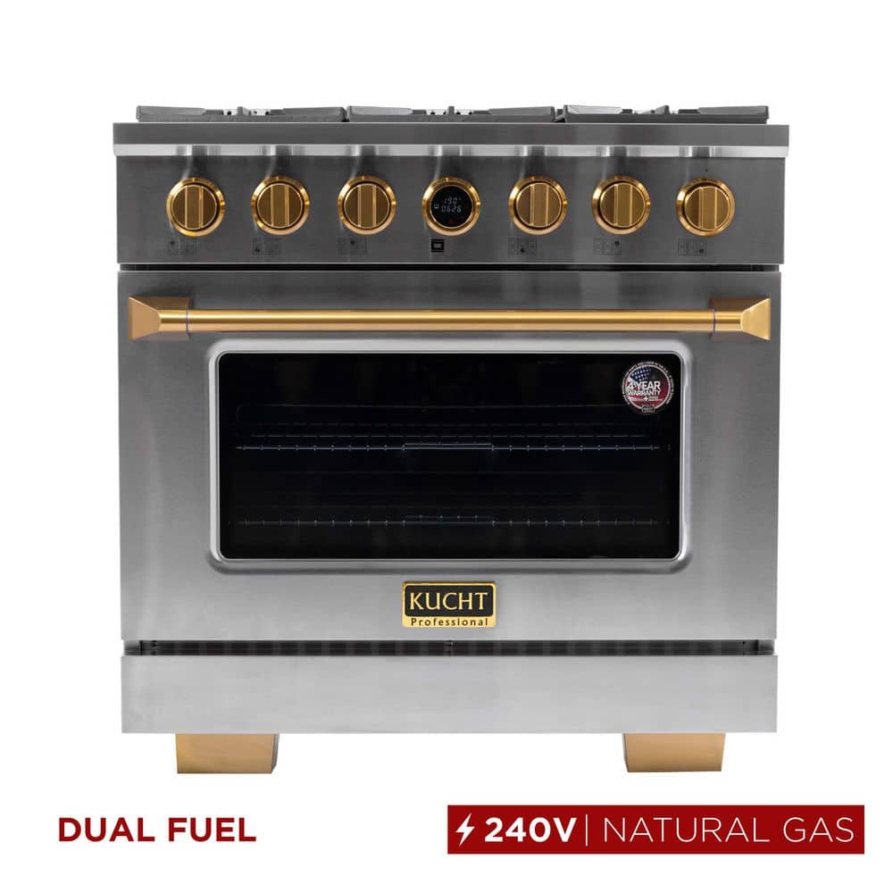 Kucht 36 in. 5.2 cu.ft. 6-Burners Dual Fuel Range Natural Gas in Stainless Steel with Gold Accents and Digital Dial Thermostat