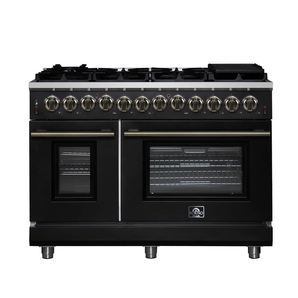 Forno Massimo 48 Inch Freestanding Dual Fuel Range in Black with Antique Brass Accessories, 6.58 cu. ft. Convection Oven
