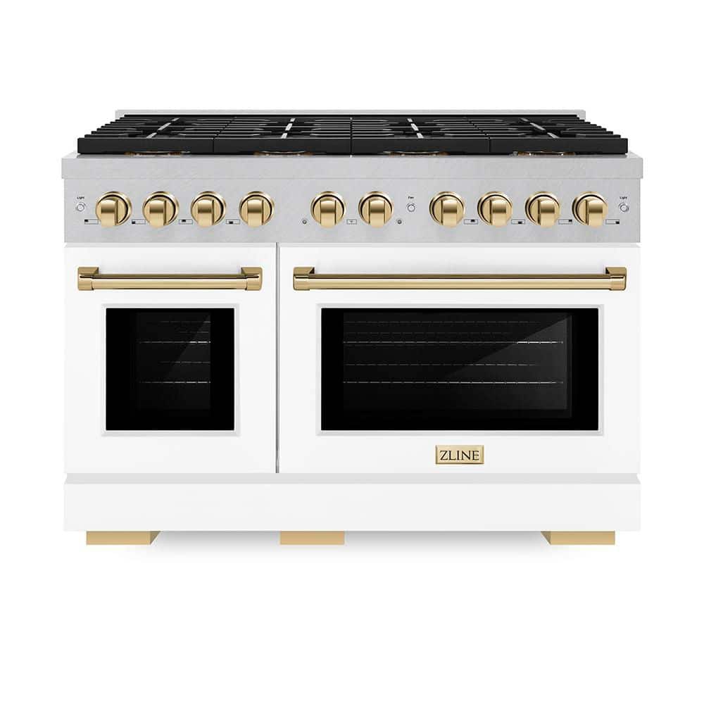 ZLINE Kitchen and Bath Autograph 48 in. 6.7 cu. ft. Gas Range with 8-Burner DuoPro Cooktop and Dual Ovens in Satin with White Matte and Gold