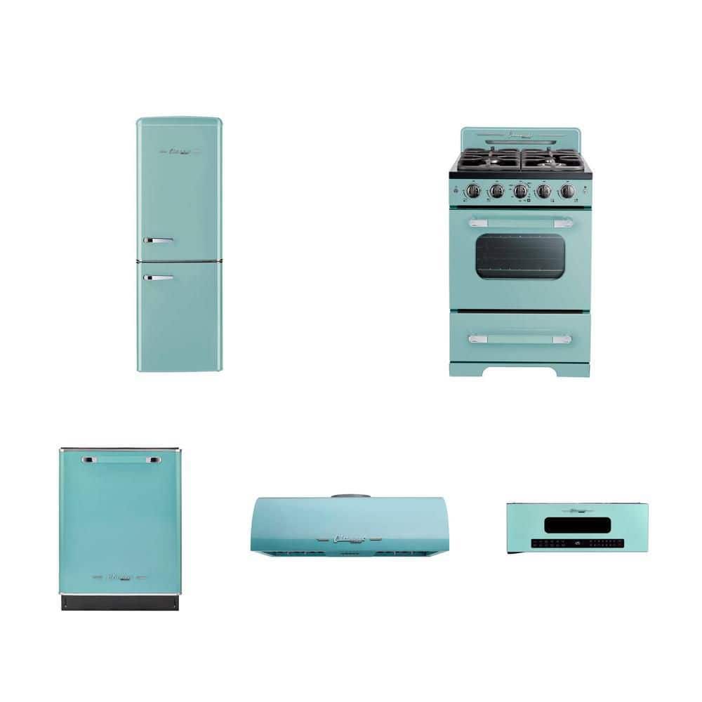 Unique Appliances Turquoise Kitchen Set, 7 cu. ft. Fridge, 2.9 cu. ft. Range, Dishwasher, 30 in. Hood, 1.2 cu.ft. Micro