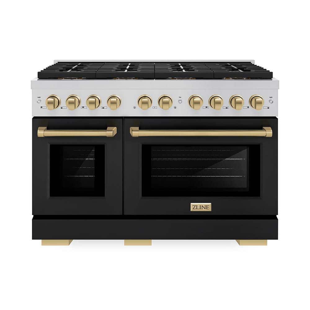 ZLINE Kitchen and Bath Autograph 48 in. 6.7 cu. ft. Paramount Gas Range with 8 Burners and Dual Ovens with Black Matte and Champagne