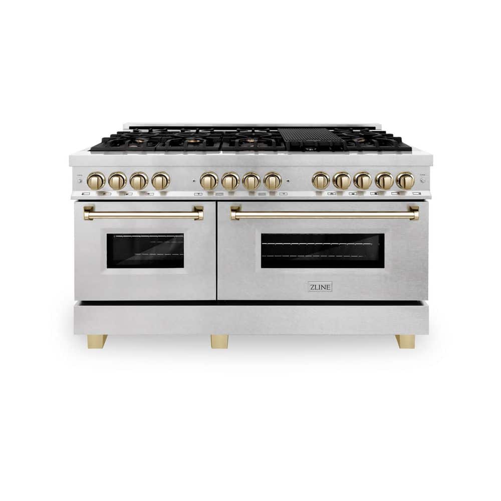 ZLINE Kitchen and Bath Autograph 60 in. Legacy Dual Fuel Range with 9 Burners and 2 Electric Ovens in Satin Stainless Steel and Gold Accents