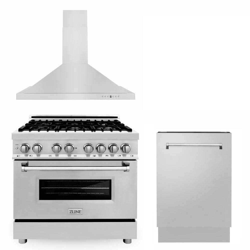 ZLINE Kitchen and Bath Stainless Steel Package with 36 in. 6-Burner Dual Fuel Range, 400 CFM Convertible Range Hood, and Top Control Dishwasher