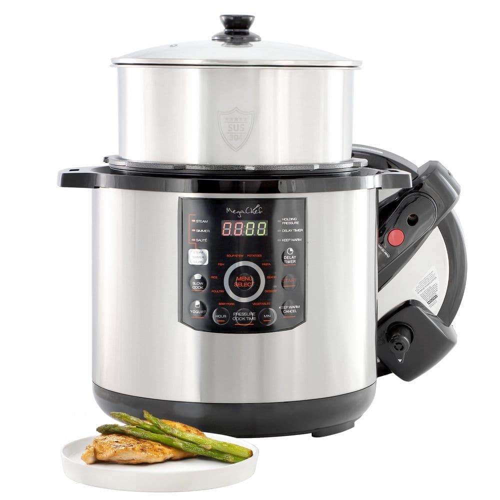 MegaChef 12 Quart Steel Electric Digital Pressure Cooker with Stainless Steel Pot in Silver
