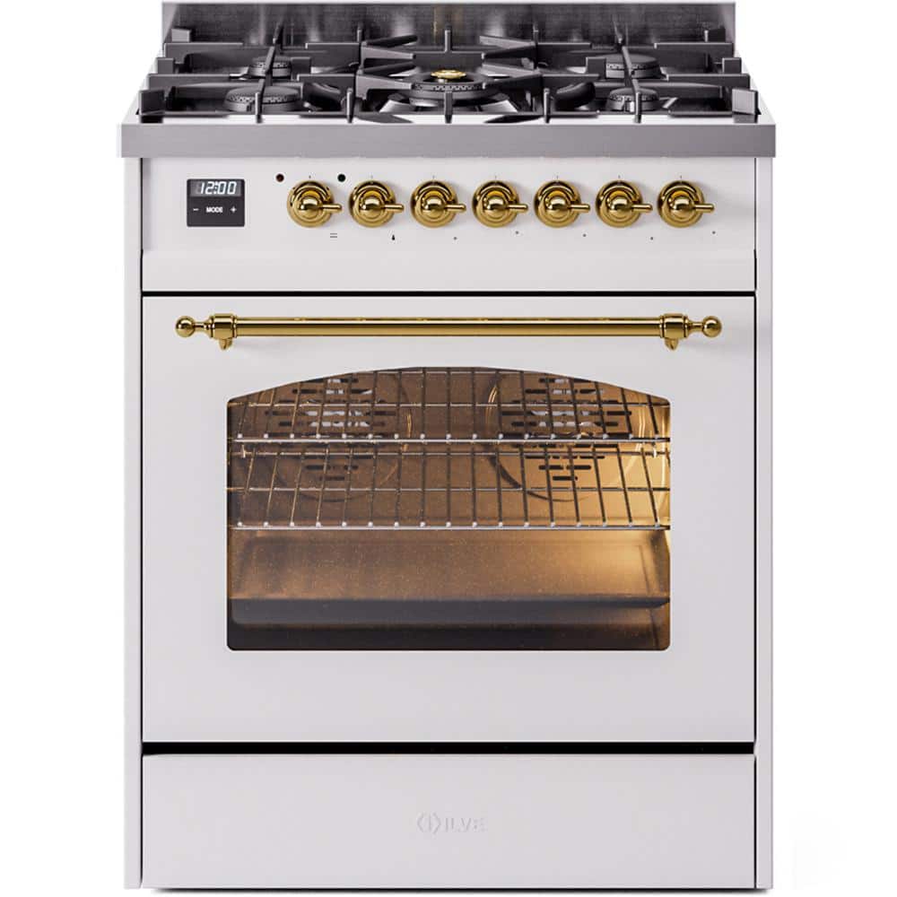 ILVE Nostalgie II 30 in. Dual Fuel Natural Gas Range with 5 Burners, Brass Trim in White