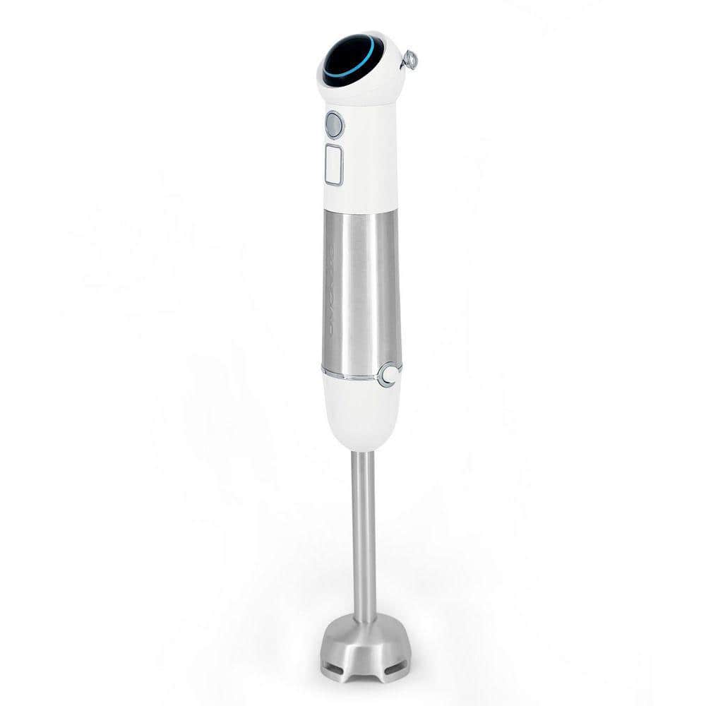 OVENTE Immersion Blender White Stainless Steel Blades Rechargeable 300W Hand Mixer 2-Speed Pulse Activating Sensor