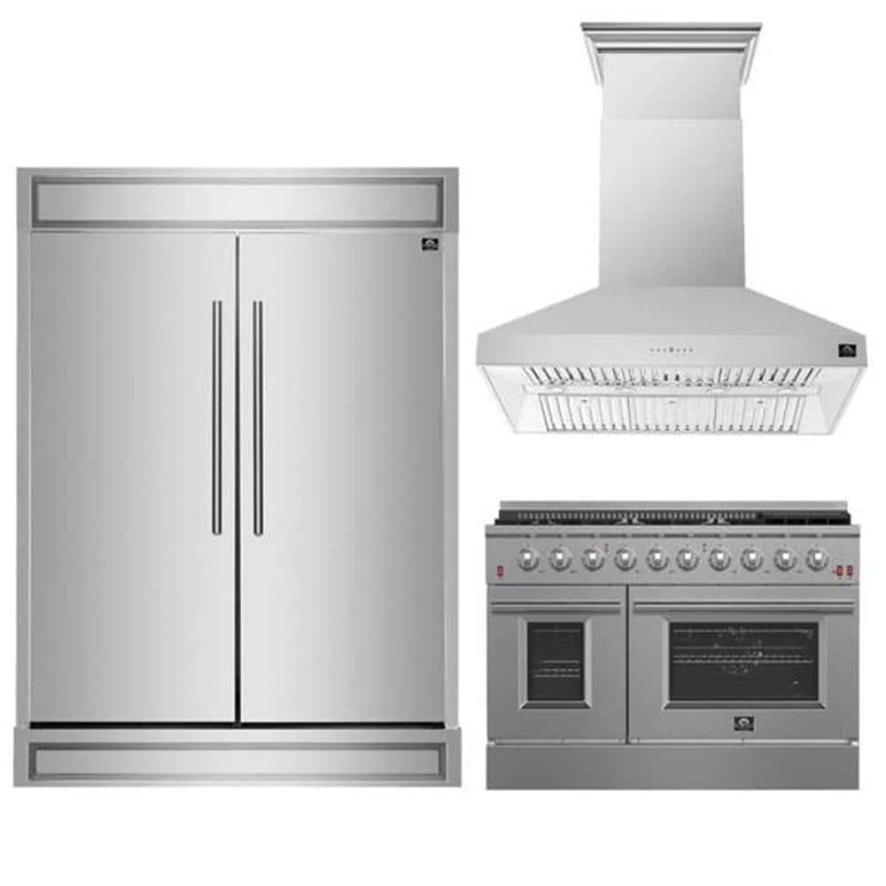 Forno 3 Pc-Galiano 48" 8 Burner Double Oven Gas Range, Maderno 60" Refrigerator/Freezer, Orvieto 48" Hood Stainless Steel