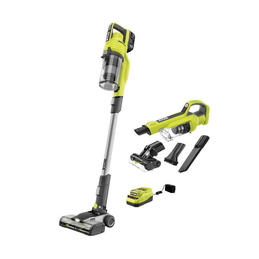 RYOBI ONE+ 18V Cordless Stick Vacuum Cleaner Kit w/ 4.0 Ah Battery, Charger, & ONE+ 18V Cordless Hand Vacuum w/ Powered Brush