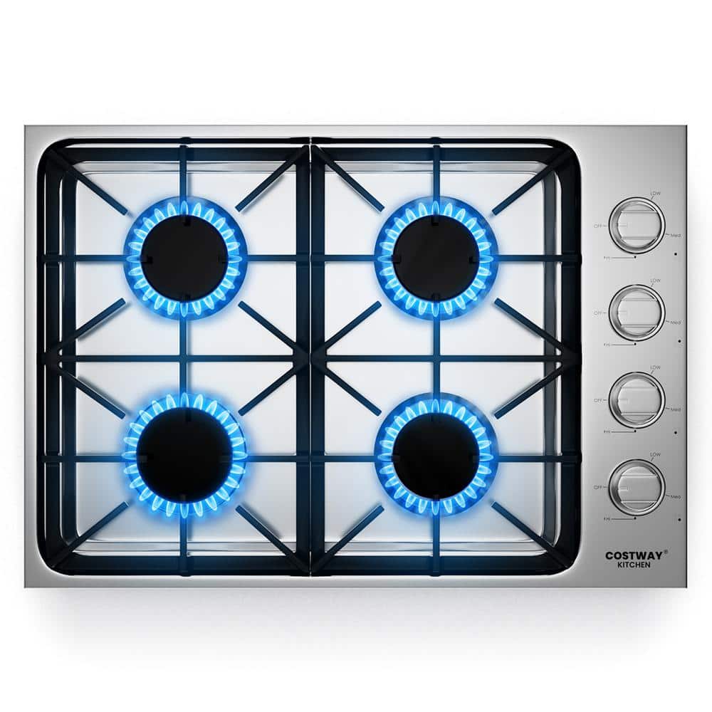 Costway 30 in. 4-Burners Gas Cooktop Built-in Stovetop Stainless Steel Burner Grate in Silver with 4-Sealed Burners