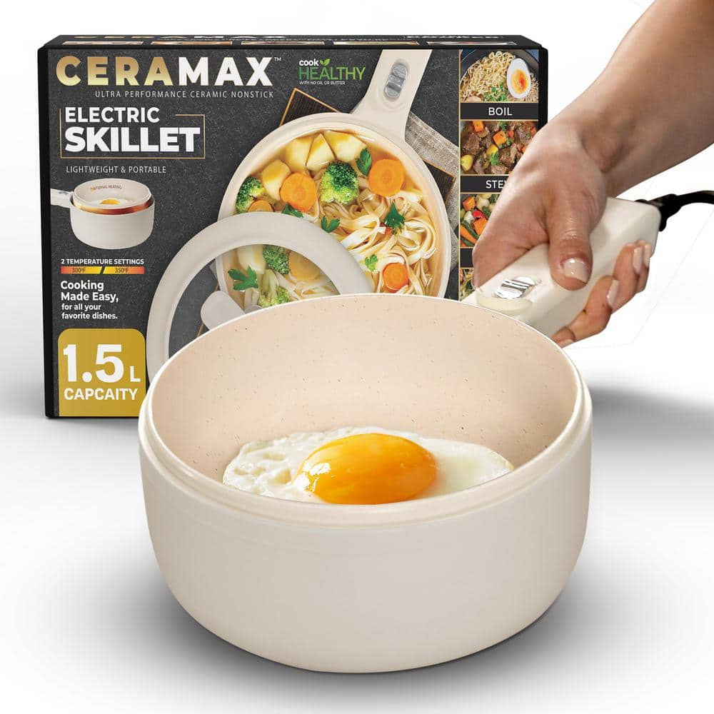 CERAMAX 1.6 qt. Cream Portable Ceramic Nonstick Electric Multi-Cooker Cooking Pot with Food Steamer