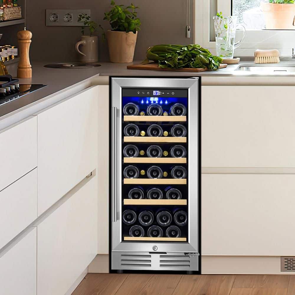 Nipus 15 in. Built-In Single Zone 30-Bottle Wine Cooler in Silver with Child Safety Lock and Blue LED Interior Lighting