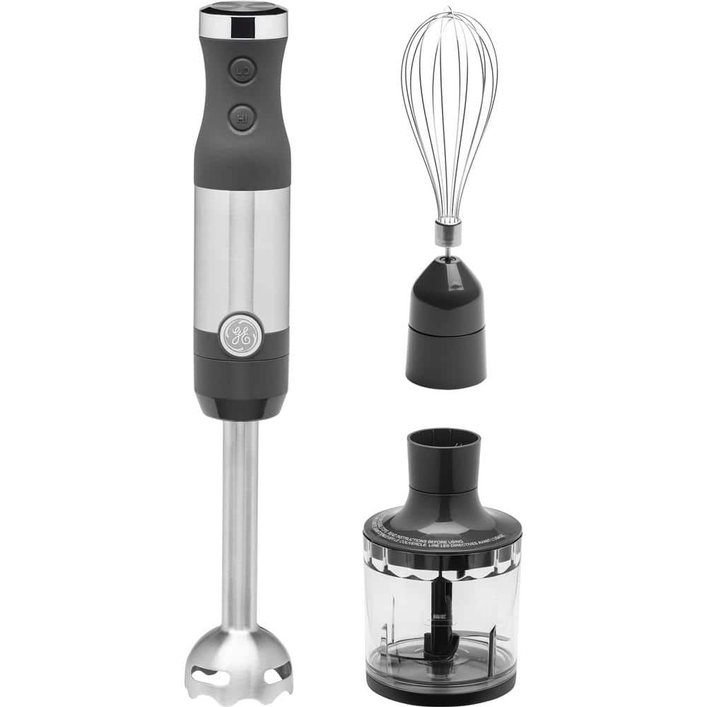 GE 2-Speed Stainless Steel Immersion Hand Blender with Whisk, Blending, and Chopping Jar Attachments
