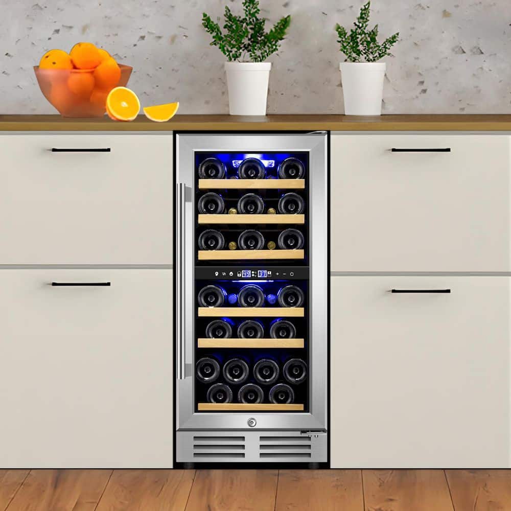 Nipus 15" Dual Zone 30-Bottle Cellar Cooling Unit Built-In and Freestanding Wine Cooler in Blue LED 2 handles Stainless Steel