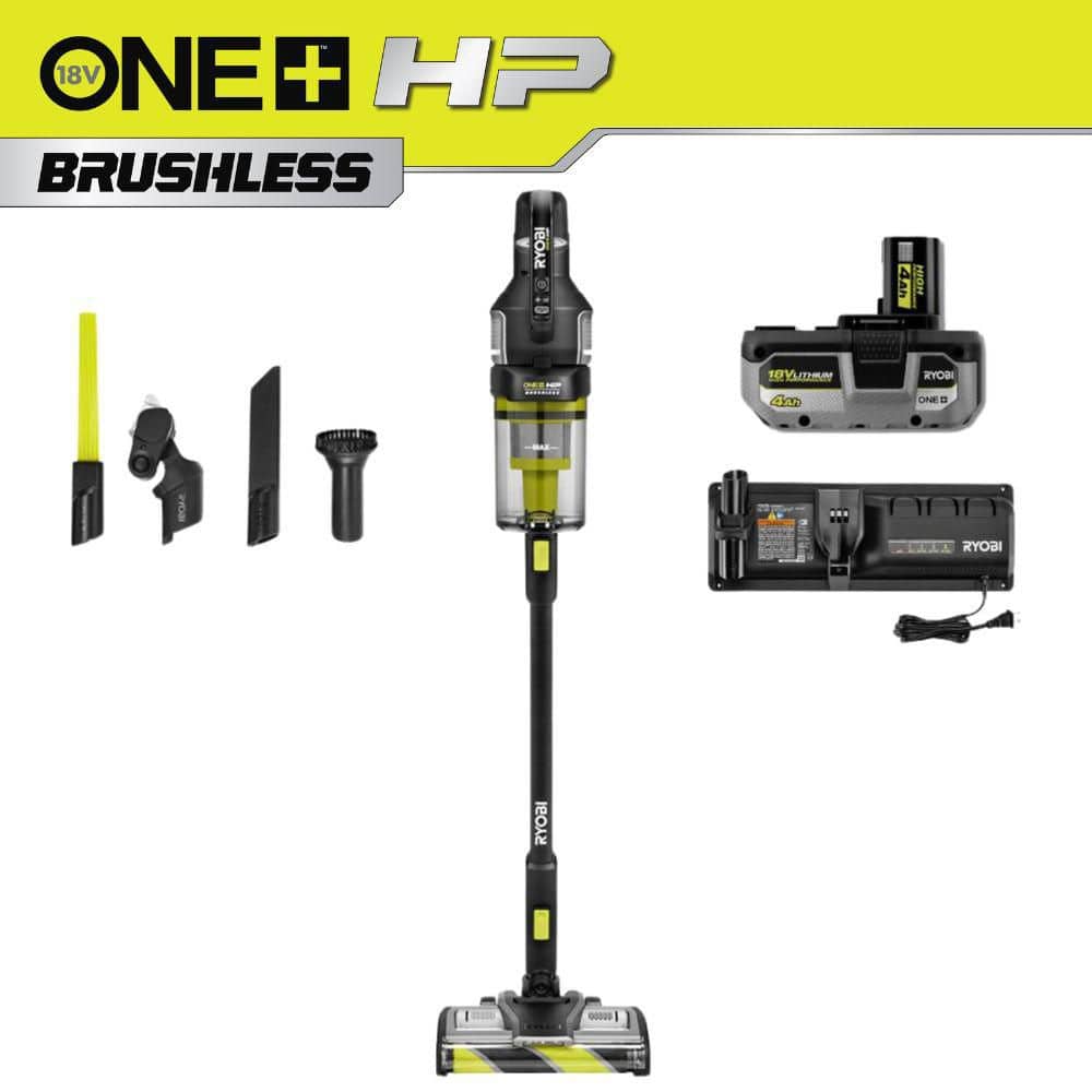 RYOBI ONE+ HP 18V Cordless Advanced WHISPER Series Stick Vacuum Kit with 4.0 Ah Battery and Charger