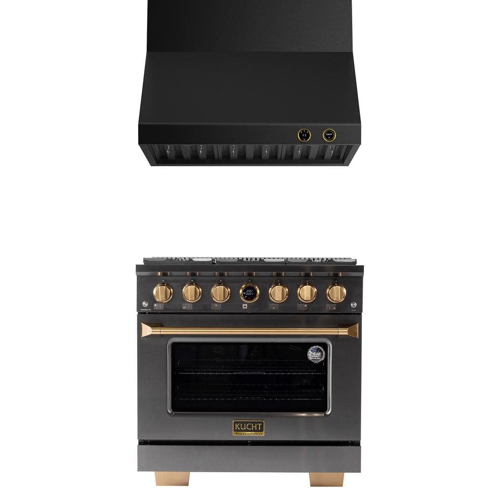 Kucht 36 in. 5.2 cu. ft. 6-Burners Dual Fuel Range for Natural Gas in Titanium and Gold Plus Wall Mount Range Hood