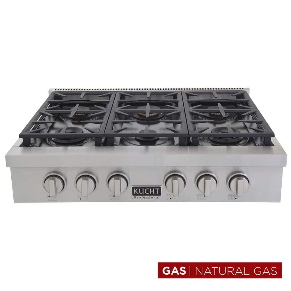 Kucht Professional 36 in. Natural Gas Range Top in Stainless Steel and Classic Silver Knobs with 6 Burners