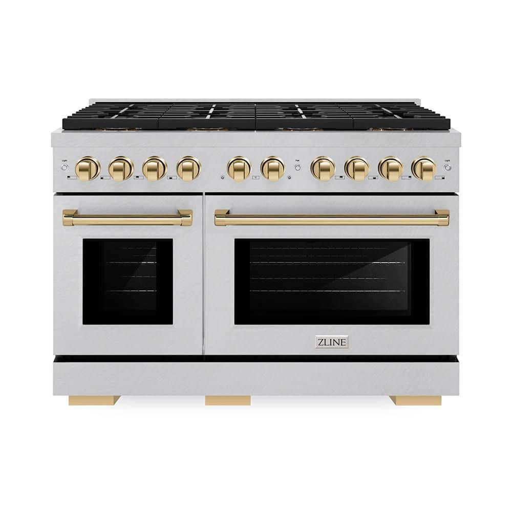 ZLINE Kitchen and Bath Autograph 48 in. 6.7 cu. ft. Paramount Gas Range with 8-Burner DuoPro Cooktop and Dual Ovens in Satin Stainless and Gold