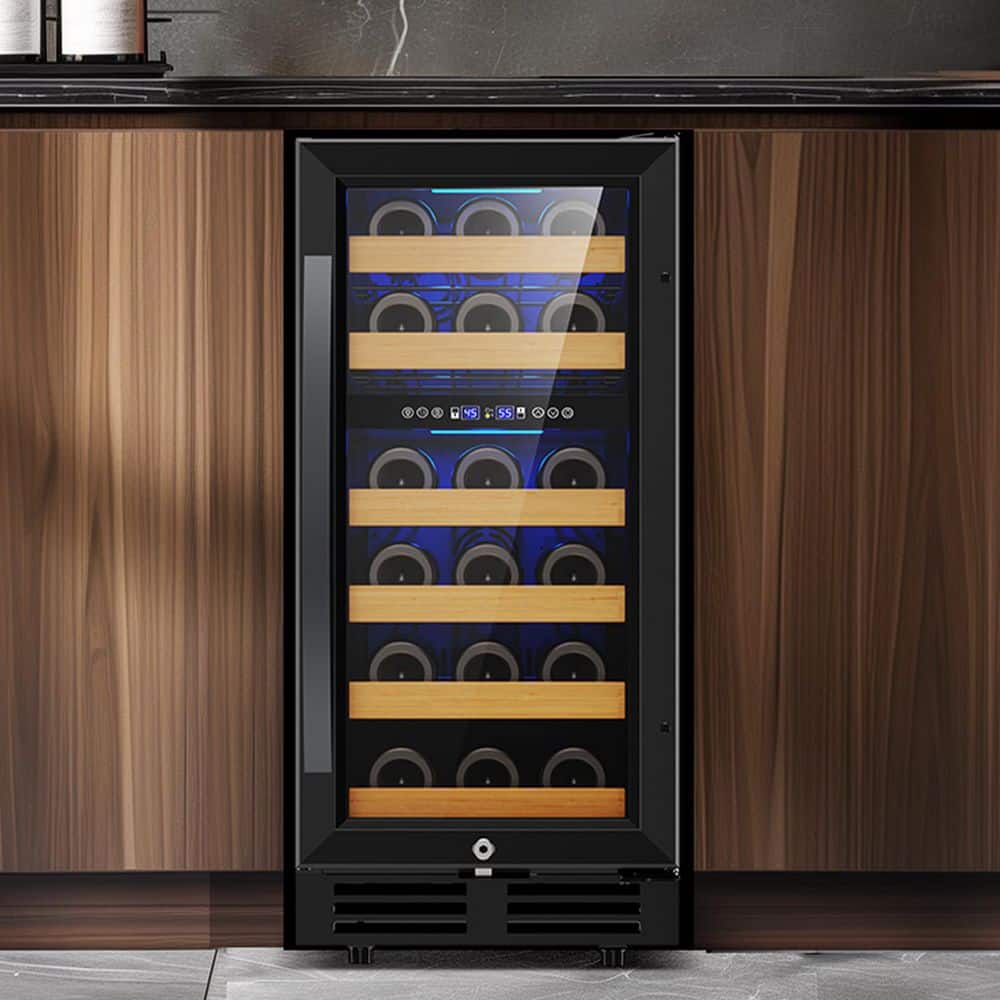 TITTLA 15 in. Dual Zone 30 Bottles Wine Refrigerator w/Reversible Door Hinge Built-in Wine Cooler with 2 Door Handles in Black