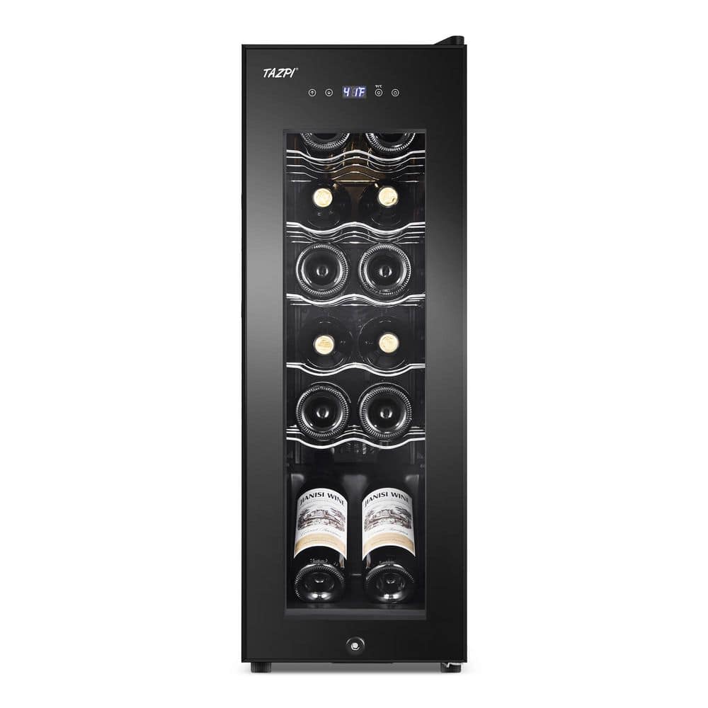 SOZT 10.7 in. Single Zone 12-Bottle Wine Cooler with LCD Touch Control, Wine Cellar Cooling unit in Black