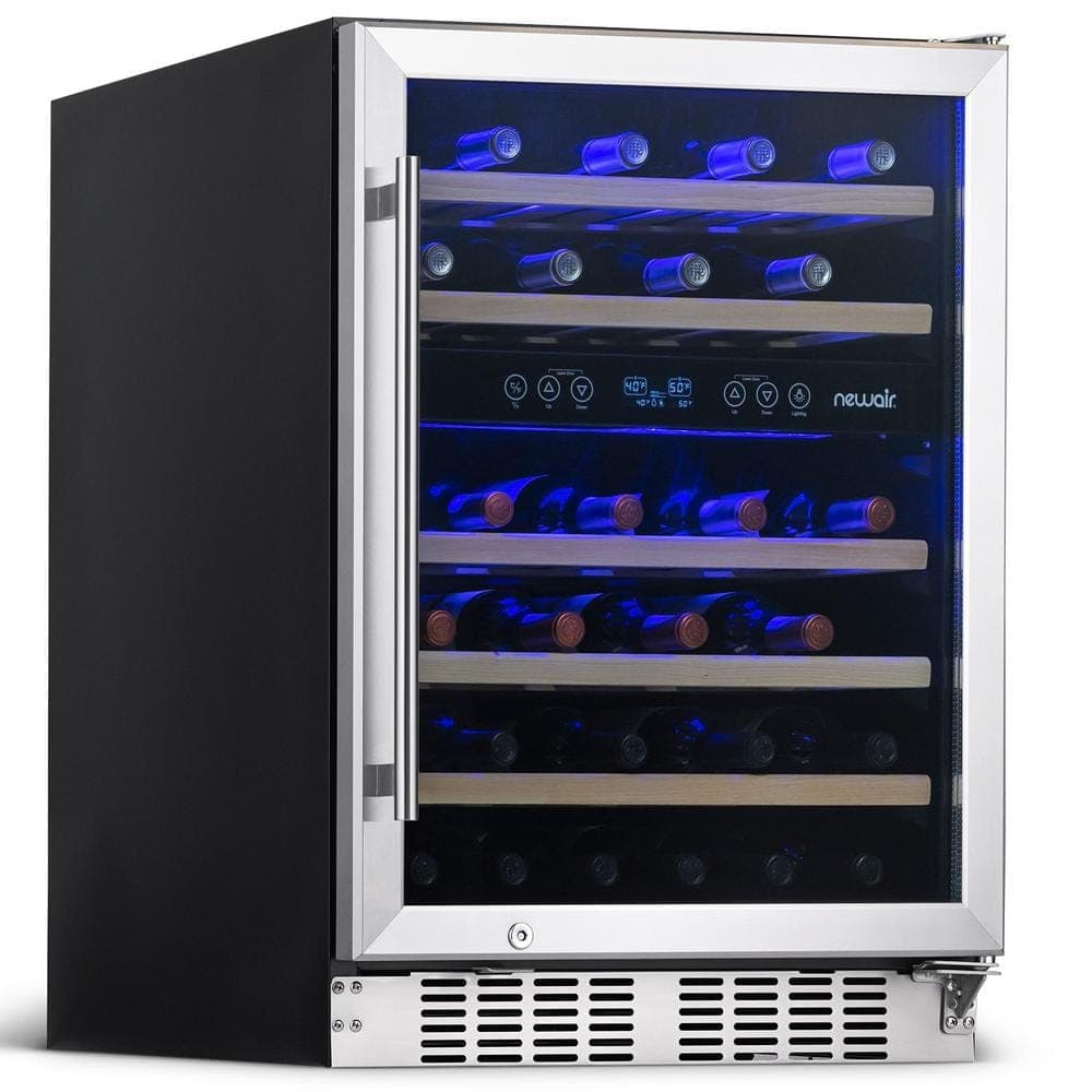 NewAir Dual Zone 24 in. 46-Bottle Built-In Wine Cooler Fridge with Recessed Kickplate Lock Reversible Door in Stainless Steel