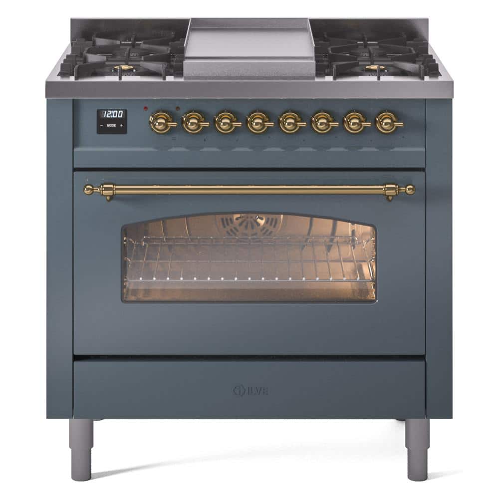 ILVE Nostalgie II 36 in. Dual Fuel Liquid Propane Range with 6 Burners, Griddle, Brass Trim in Blue Grey