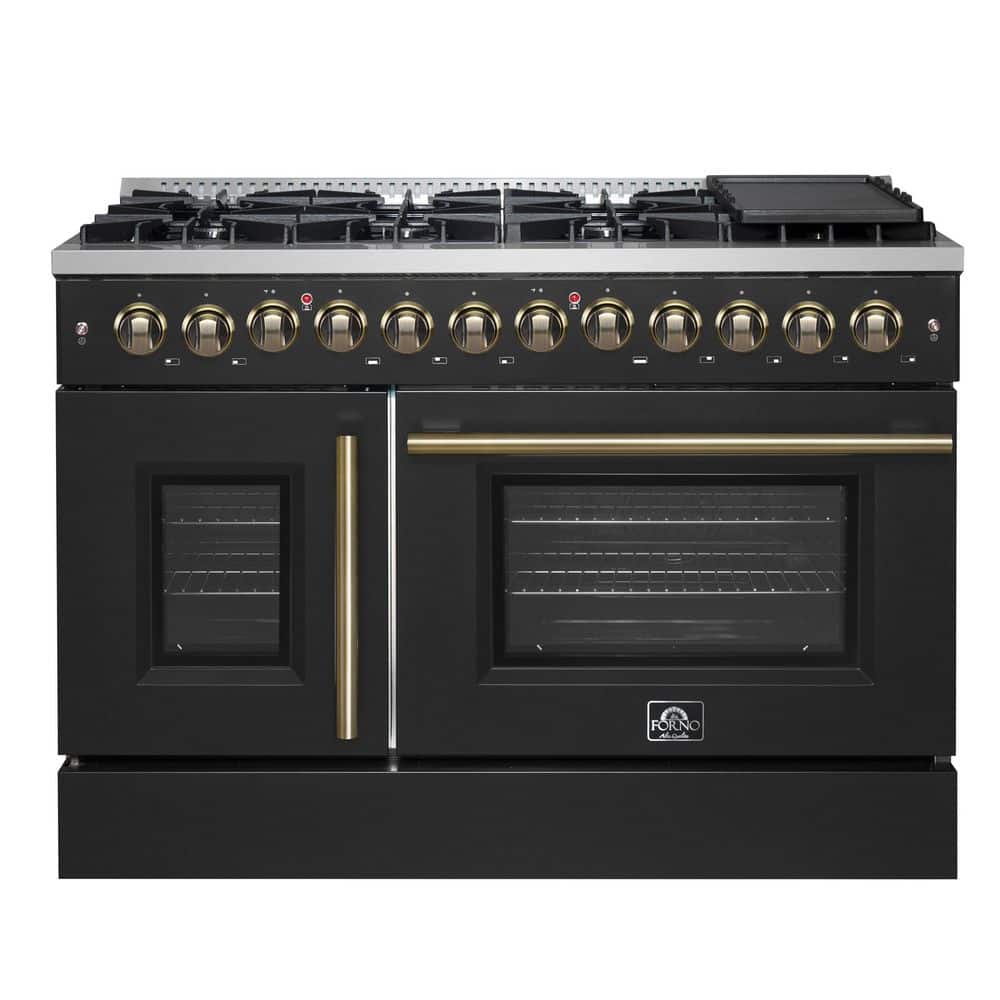 Forno Galiano 48 in. French Door Dual Fuel Range, Black and Antique Brass, 107,000 BTU, 6.58 cu. ft. Ovens 8-Burners