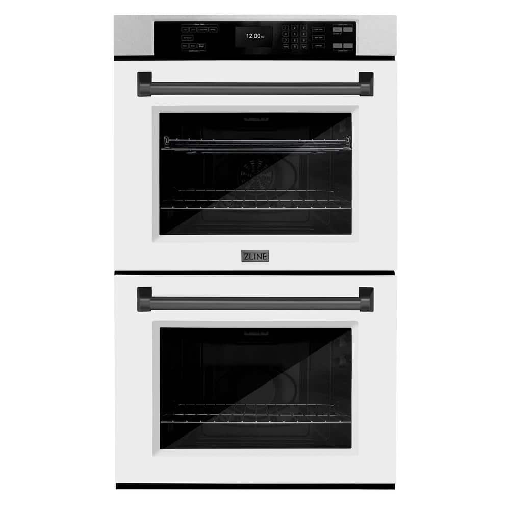 ZLINE Kitchen and Bath 30 in. Autograph Double Wall Oven with Air Fry and Self Clean in Satin Steel with White Doors and Black Handles