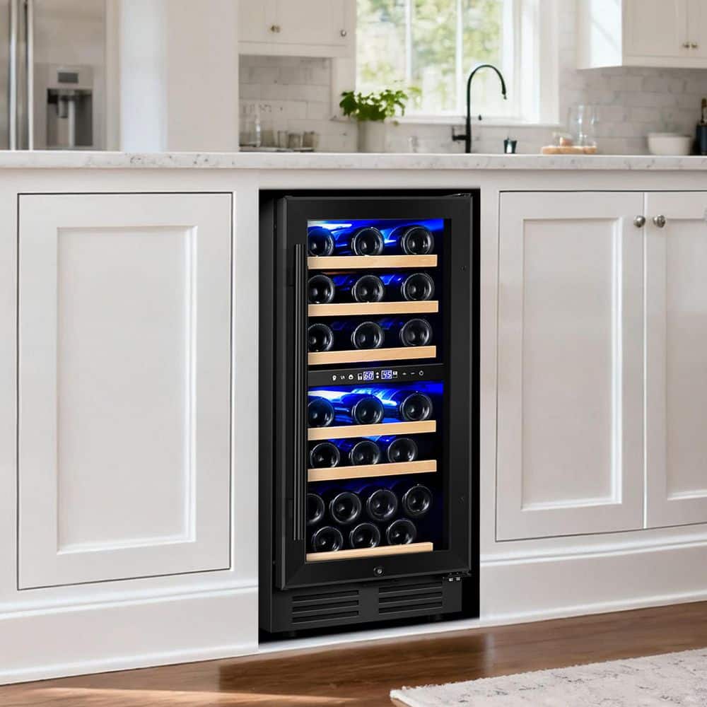 Nipus 15 in. Dual Zone 30-Bottle Reversible Door Wine Cooler in Black with 3 Removable Beechwood Shelves Auto Blue Lighting