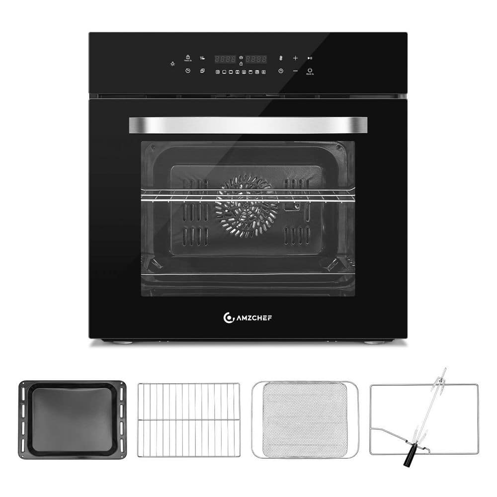 amzchef 24 in 2.72 Cu Ft. Single Wall Oven with 8 Modes,Air Fry,Lock & Timer,Convection Oven with 5 Racks,Rotisserie Kit,Black