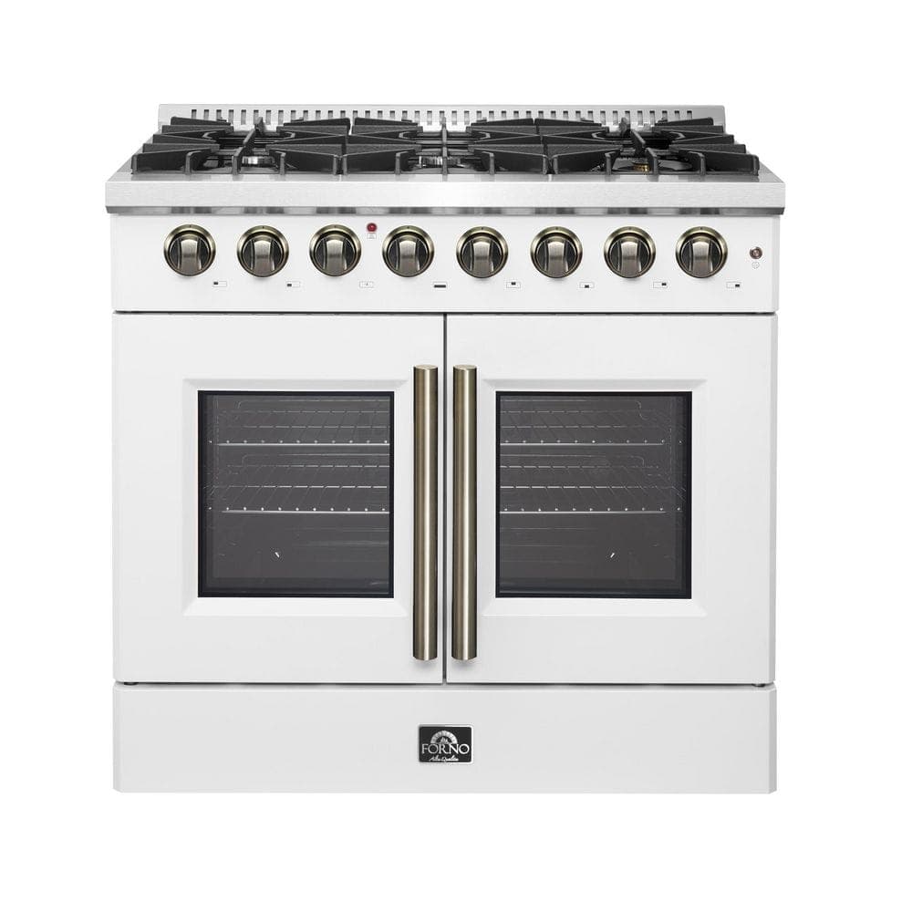 Forno Galiano 36 in. French Door Dual Fuel Range, White and Antique Brass, 5.36 cu. ft. True Convection Oven